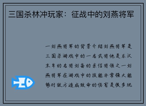 三国杀林冲玩家：征战中的刘燕将军